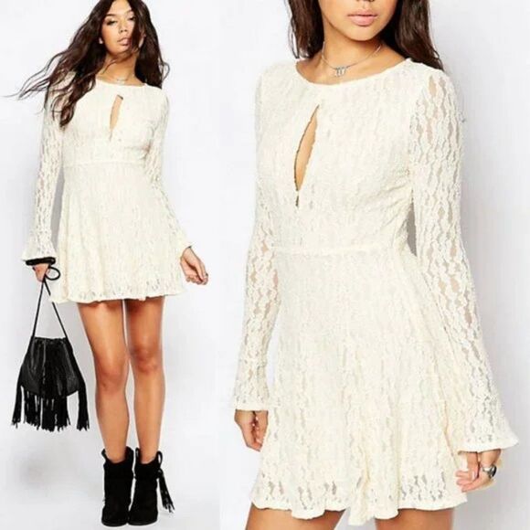 FREE PEOPLE Teen Witch Lace Keyhole Cut Out Skater Fit & Flare Mini Dress L - Picture 1 of 15